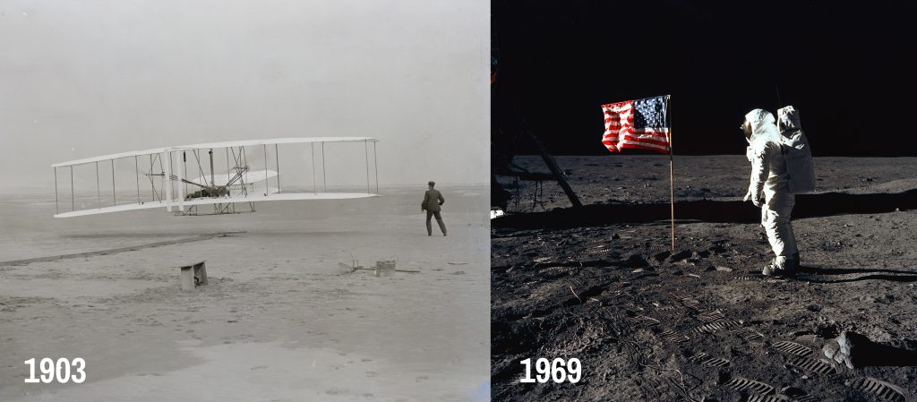 Side-by-side of first plan flight and first steps on the moon