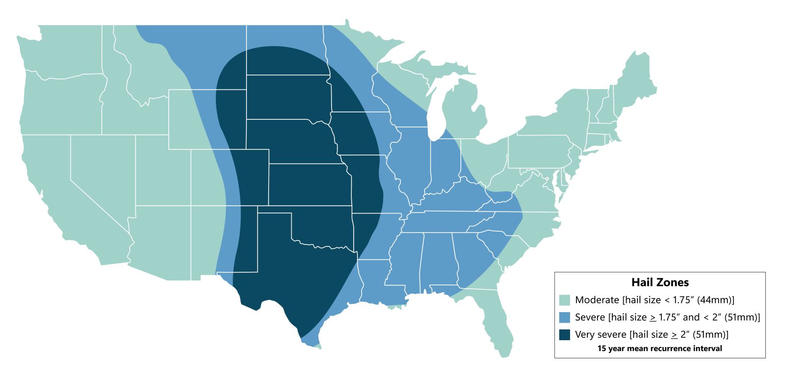 FM Global hail risk map (from FM Loss Prevention Data Sheet 1-34, “Hail Damage”).