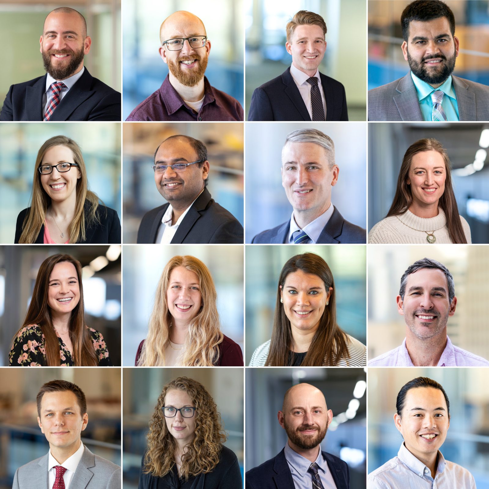 Collage of diverse professionals posing for headshots in an office